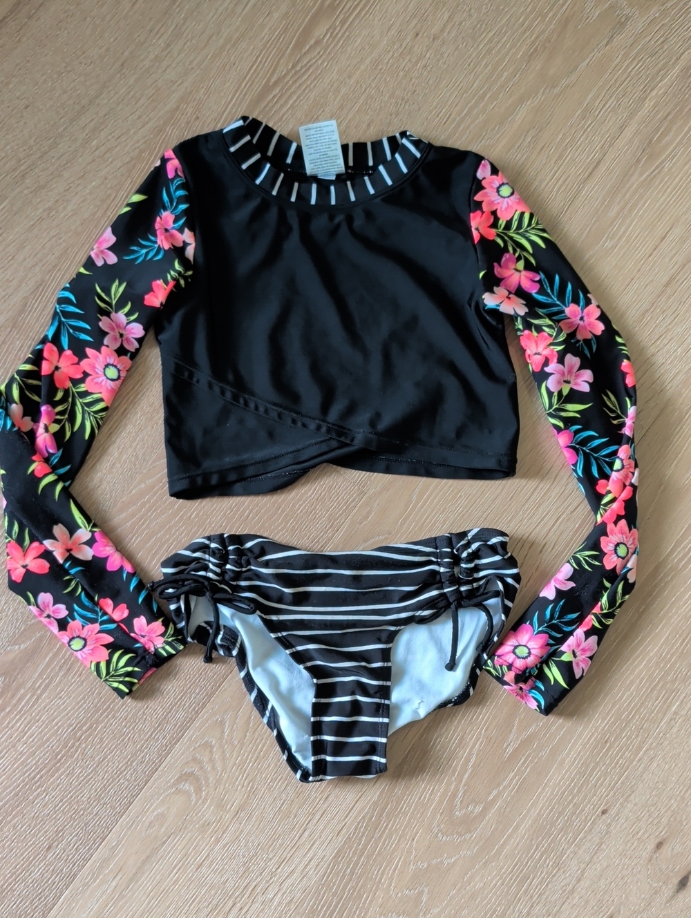 art class Black Rash Guard Swim Set with Pink Floral Sleeves & Bottoms
